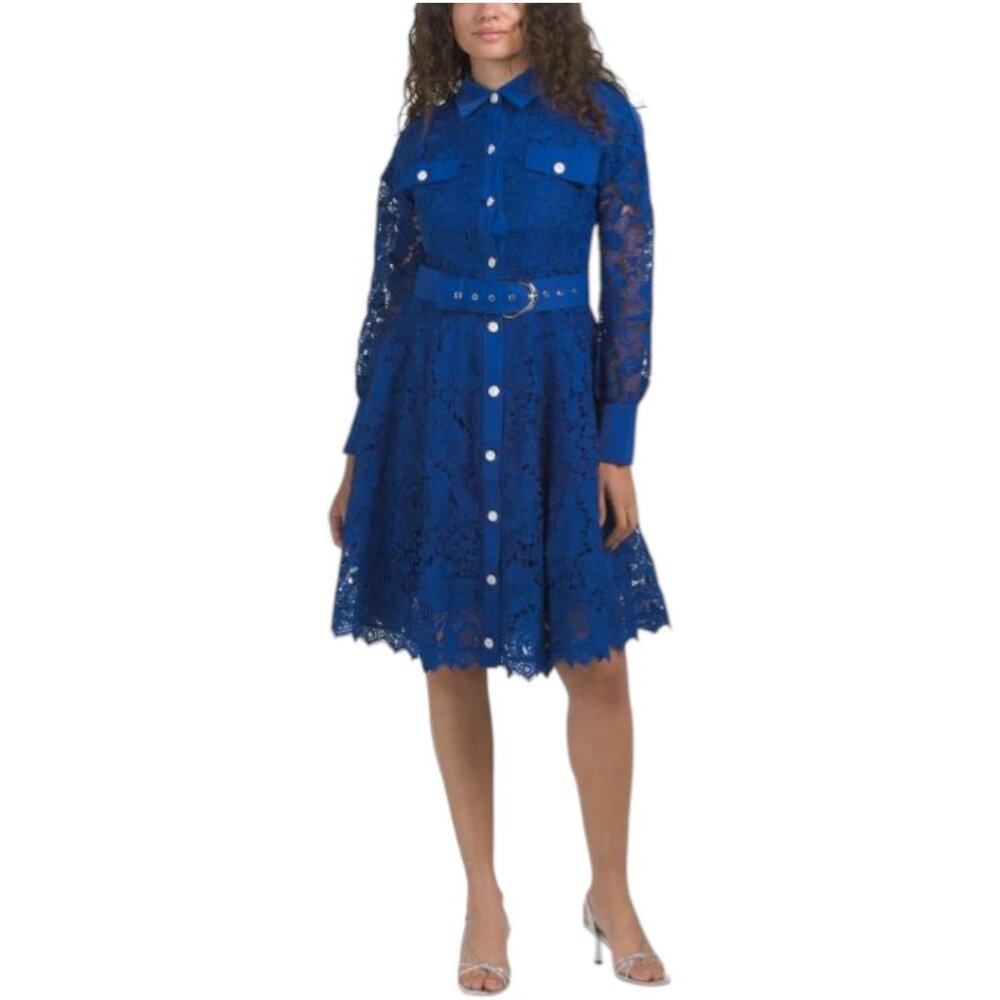 DALIA MACPHEE Long Sleeve Lace Mini Dress With Hardware Belt
